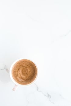 Breakfast, drinks and modern lifestyle concept - Hot aromatic coffee on marble, flatlay