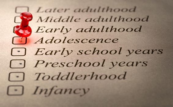 3D illustration of a red pushpin pointing the word adolescence on a timeline showing periods of social development during lifespan.
