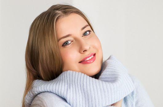 Autumn winter fashion and knitwear, beautiful woman wearing warm knitted sweater, close-up portrait