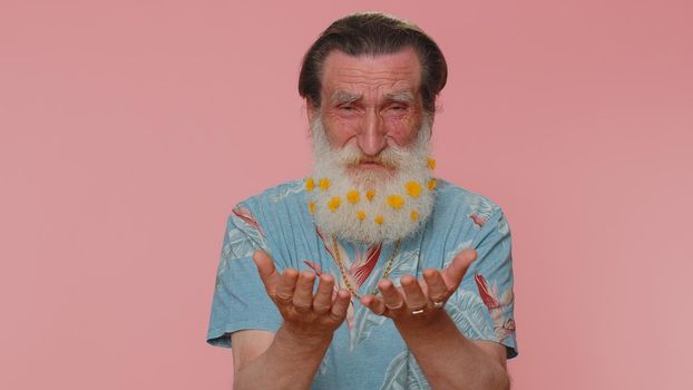 Upset disappointed senior man with flowers in gray-haired beard wipes tears and cries from despair, being sad because of unfair things. Elderly grandfather isolated alone on pink studio background