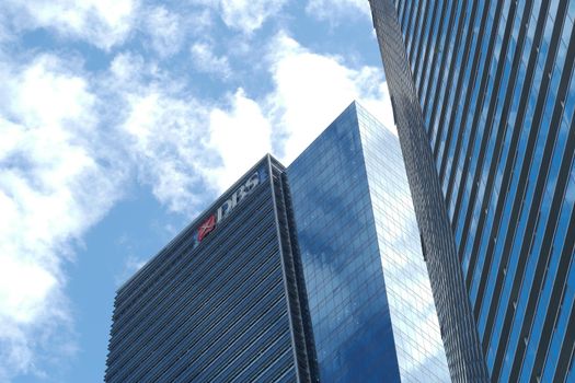Singapore Marina bay 1 june 2022. DBS bank logo on financial building,