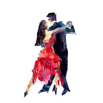 Watercolor illustration: man and woman dancing tango