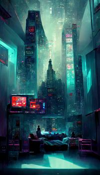 futuristic room in cyberpunk dystopian New York illustration. illustration for wallpaper