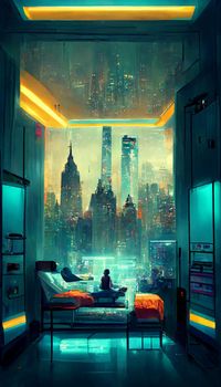 futuristic room in cyberpunk dystopian New York illustration. illustration for wallpaper