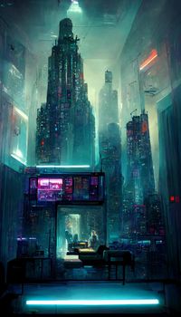 futuristic room in cyberpunk dystopian New York illustration. illustration for wallpaper