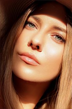 Fashion, travel and beauty face portrait of young woman, beautiful model wearing beach sun hat in summer, head accessory and style concept