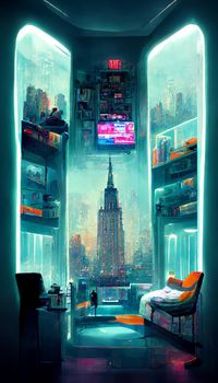 futuristic room in cyberpunk dystopian New York illustration. illustration for wallpaper