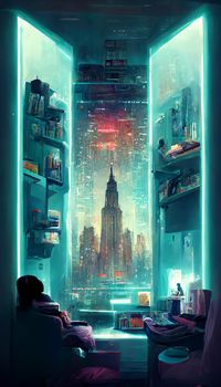 futuristic room in cyberpunk dystopian New York illustration. illustration for wallpaper