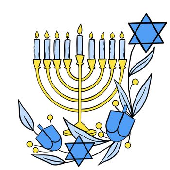 Hanukkah menorah composition illustration with candles, david star and floral elements. Religious holiday card concept judaism jew orthodox faith. Festive israeli hanukah holy objects design in simple minimalist cartoon style