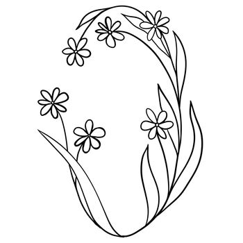 Hand drawn one black line illustration of floral flowers leaves. Elegant leaf nature composition, simple minimalist bouquet branch sketch. Isolated bloom blossom garden frame