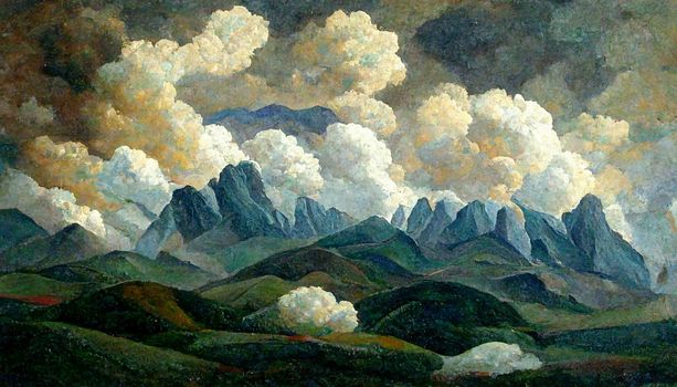 landscape with clouds over the mountains, watercolor illustration. illustration for wallpaper.