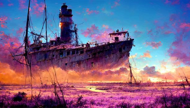 huge abandoned ship near the shore illustration. illustration for wallpaper