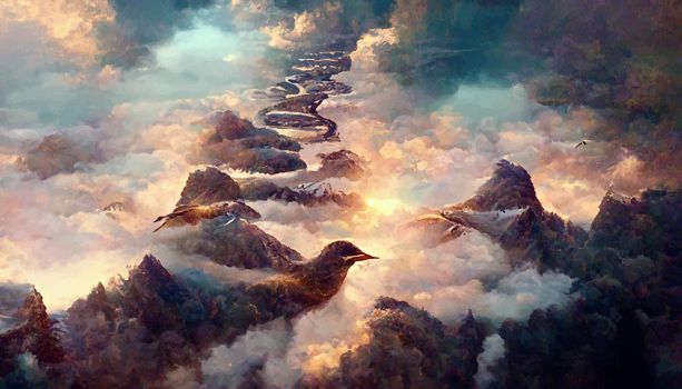 birds flying over rivers and mountains wallpaper illustration. illustration for wallpaper.