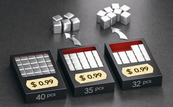 3D illustration of three packagings with the same price but with smaller quantity of product. Concept of shrinkflation