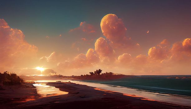 beach sunset environment cinmatic illustration. illustration for wallpaper