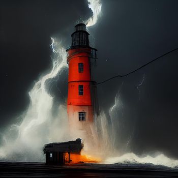 Closeup of A weathered Lighthouse A massive splash. illustration for wallpaper