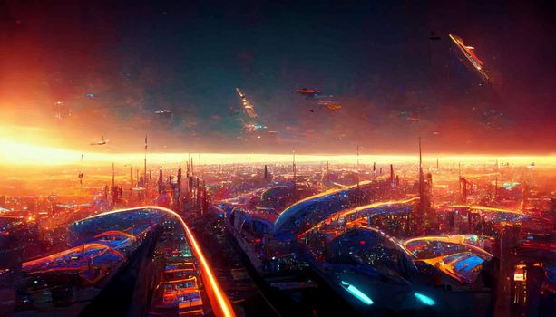 Spaceship up to Futuristic City neon ligths Fractal architecture illustration. illustration for wallpaper.