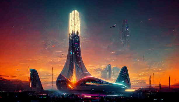 Spaceship up to Futuristic City neon ligths Fractal architecture illustration. illustration for wallpaper.