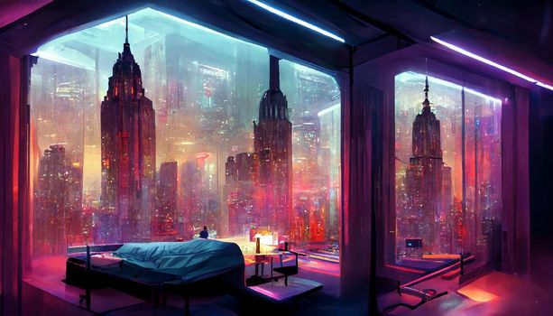 futuristic room in cyberpunk dystopian New York illustration. illustration for wallpaper