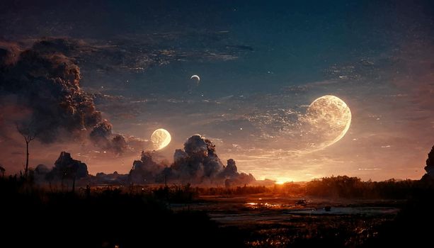 moon sunset environment cinmatic illustration. illustration for wallpaper.