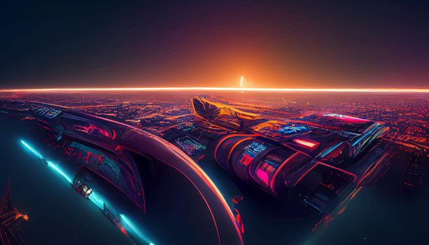 Spaceship up to Futuristic City neon ligths Fractal architecture illustration. illustration for wallpaper.