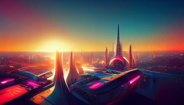 Spaceship up to Futuristic City neon ligths Fractal architecture illustration. illustration for wallpaper.