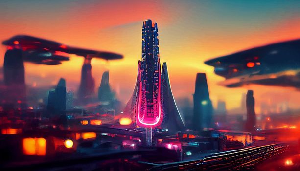 Spaceship up to Futuristic City neon ligths Fractal architecture illustration. illustration for wallpaper.