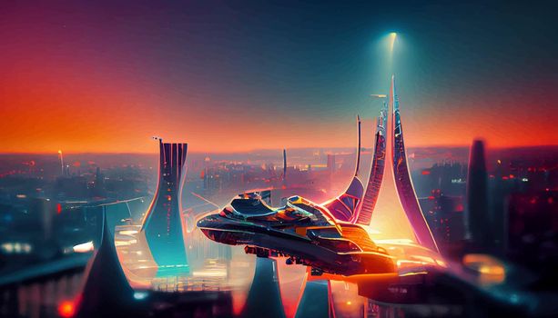 Spaceship up to Futuristic City neon ligths Fractal architecture illustration. illustration for wallpaper.