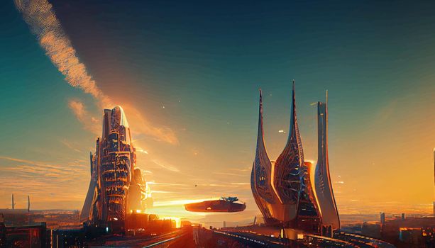 Spaceship up to Futuristic City neon ligths Fractal architecture illustration. illustration for wallpaper.