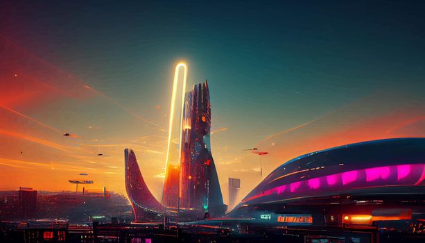 Spaceship up to Futuristic City neon ligths Fractal architecture illustration. illustration for wallpaper.