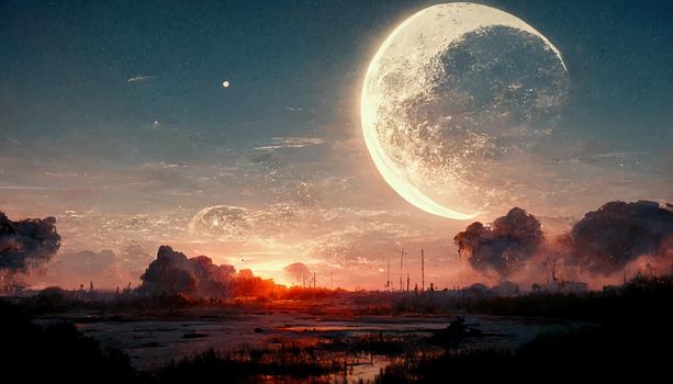 moon sunset environment cinmatic illustration. illustration for wallpaper.