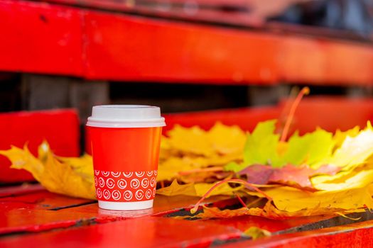 Small cardboard blank takeaway coffee cup on bench in autumn forest. Fallen leaves. Close-up. Hot drink.