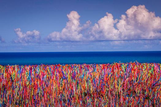 Colorful Lord of Bonfim ribbon tapes symbol of faith and good luck in Trancoso, BAHIA