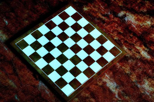 a square board divided into sixty-four alternating dark and light squares, used for playing chess or checkers.