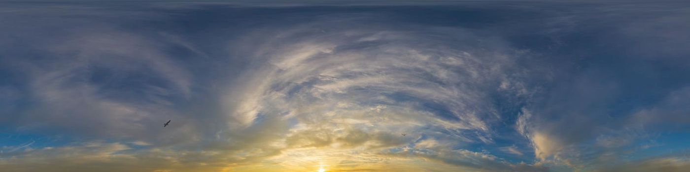 Dark blue twilight sky panorama with Cumulus clouds. Seamless hdr 360 panorama in spherical equiangular format. Full zenith or sky dome for 3D visualization, sky replacement for aerial drone panoramas