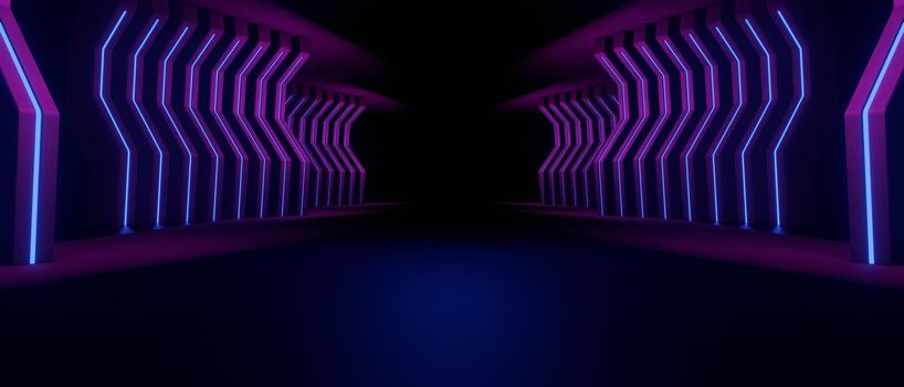 Abstract 3D Warehouse Hangar Spaceship Realistic Showroom Steel Metal Frame Corridor Tunnel Dark Underground Basement Royal Blue High Res Abstract Background 3D Render