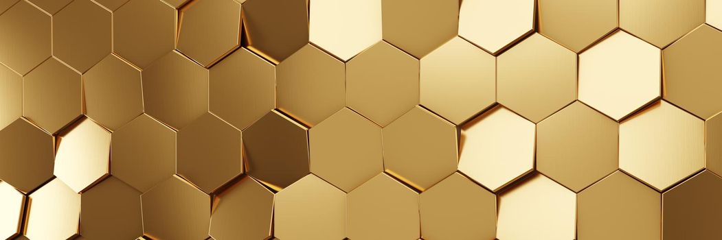 Gold metallic honeycomb and hexagon background pattern. 3d rendering