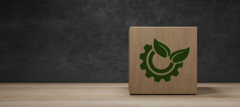 eco green sustainable living, zero waste concept; wooden cube block sustainable icon, CSR, 3D render illustration background