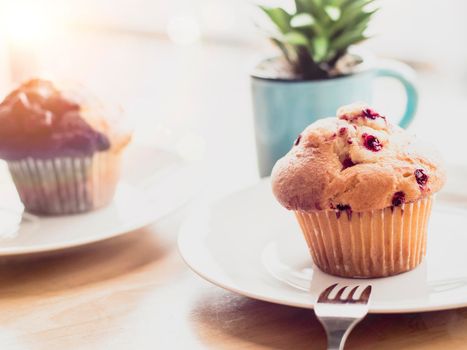 selective focus Blueberry muffins in a basket  baked blueberry muffins cooling with warm lighting
