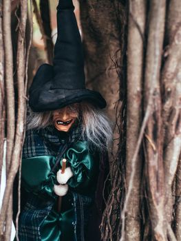 Evil witch on nature dark background, closeup portrait of old lady with terrifying makeup, Halloween background