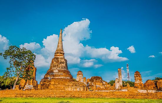 Autthaya Historical Park ancient stupa and temple.Wat Mahathat in Thailand, ancient capital of the Siam thai kingdom. UNESCO World Heritage Site ruined temple and stupa