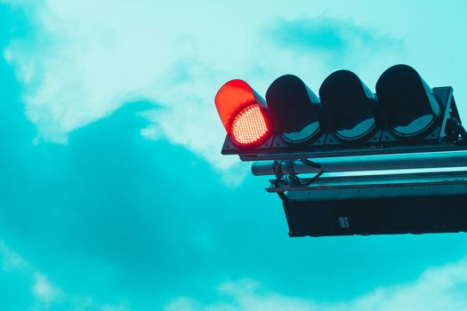 red light on traffic signage control vehicle car motor transportation in crossroad protect accident.