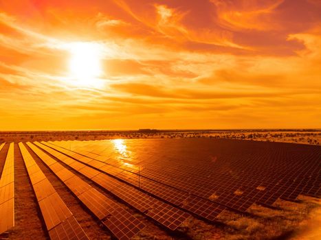 Aerial top view of a solar panels power plant. Photovoltaic solar panels at sunrise and sunset in countryside from above. Modern technology, climate care, earth saving, renewable energy concept
