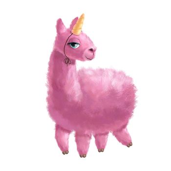 Pink alpaca girl. Watercolor hand painted illustration isolated white. Funny llama unicorn.