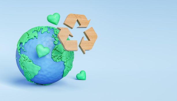 3D illustration of wooden recycling symbol and green hearts near Earth as environment protection concept against blue background