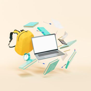 3D illustration of various stationery and yellow backpack levitating around laptop with blank screen against yellow background.