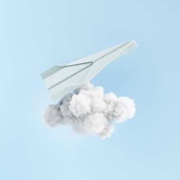 3D illustration of plane made of square ruled paper flying over gray cloud against blue background