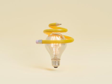 3D illustration of glowing light bulb with curvy pencil symbolizing new idea against yellow background