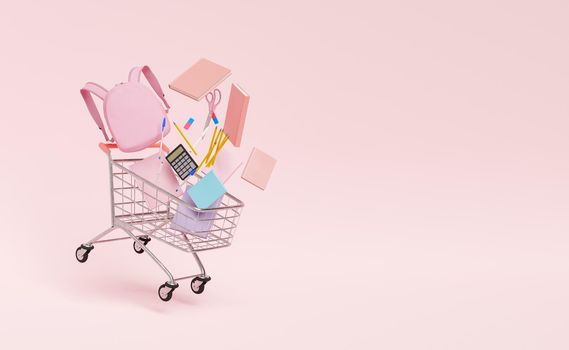 3D illustration of shopping cart with levitating backpack and various stationery against pink background