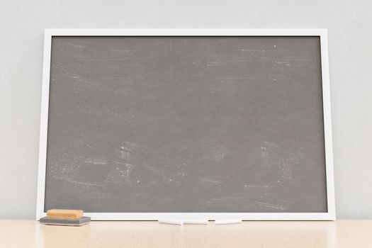 3D illustration of empty blackboard placed near sponge and pieces of chalk during lesson in classroom